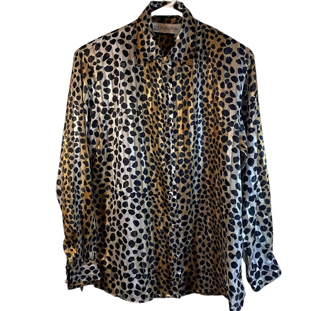 Vintage Yves St. Clair Petites Leopard Print Top Size 4P Button Up Long Sleeve